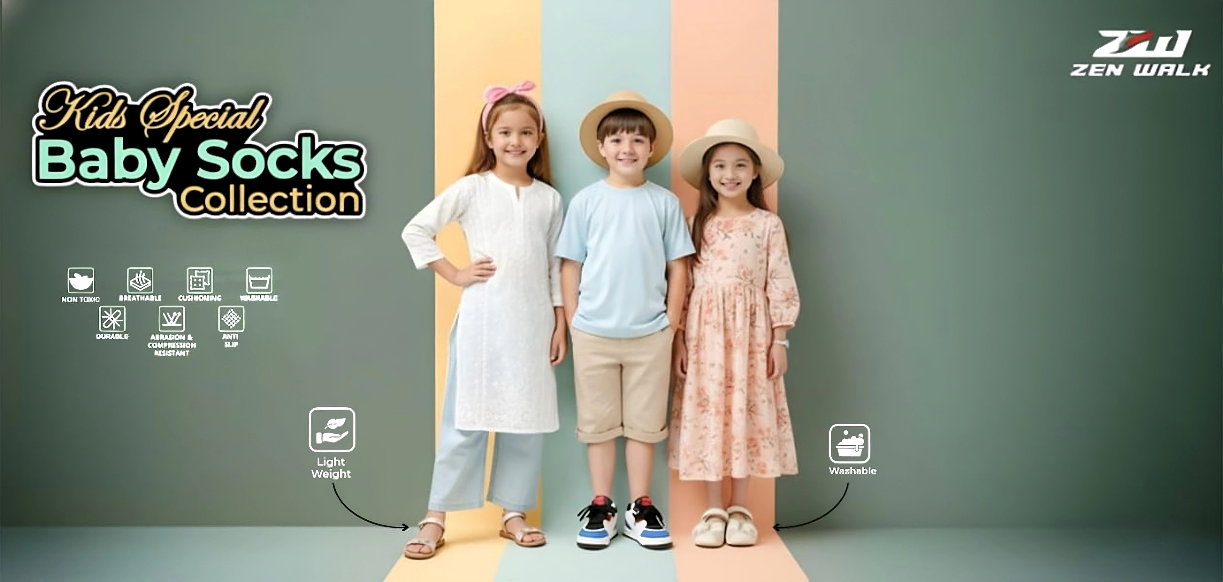 Three smiling children in pastel outfits on colorful stripes background, Zen Walk baby socks collection