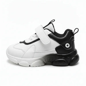 Kids white and black high-top sneakers with Velcro strap and star logo on heel