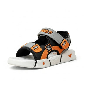 Kids black and orange open-toe sandal with grey velcro straps and white sole