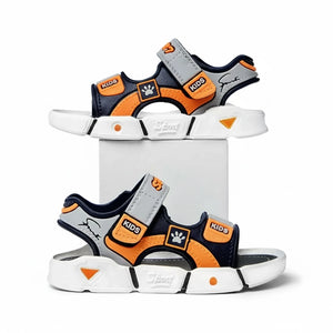 Kids sporty sandals in navy blue, orange, and gray with white soles and velcro straps