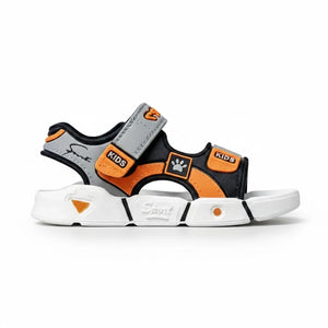 Kids sport sandal with black, grey, and orange straps and white sole featuring paw print and 'KIDS' labels