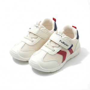 White children's sneakers with red and blue accents on a white background