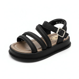 Black Mini Stride Triple Strap sandal with cushioned beige footbed and silver buckle detail