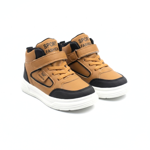 Tan and black kids mid-top sneakers with white soles and SPORT FASHION text