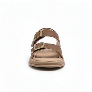Brown leather sandal with two gold buckles on cushioned sole, front view on white background