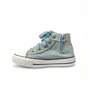 Side view of light blue denim high-top kids sneaker with blue laces and zipper detail
