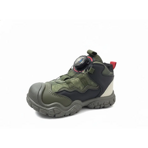 Durable kid's rugged green and black sneaker with thick sole and dial lacing system