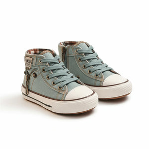 Blue denim high-top kids sneakers with white rubber toe caps and plaid inner lining