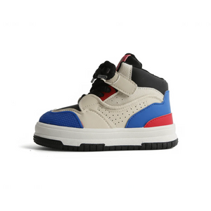 High-top baby sneaker in cream with blue, red, and black accents and velcro strap