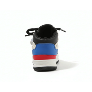 Back view of a tricolor high-top baby sneaker with black, blue, red, and white details