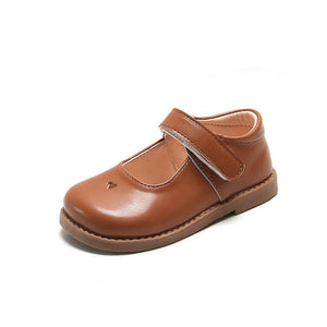 Classic brown leather baby girl shoe with velcro strap and heart cutout