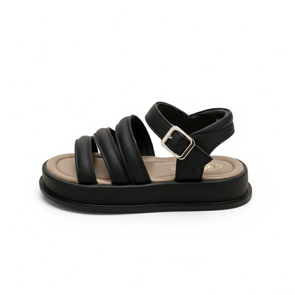 Black cushioned sandal with padded straps and adjustable buckle on white background