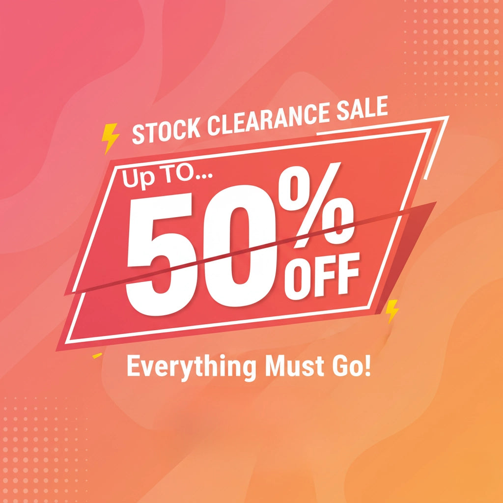 Stock clearance sale banner with up to 50% off promo in bold white text on orange background