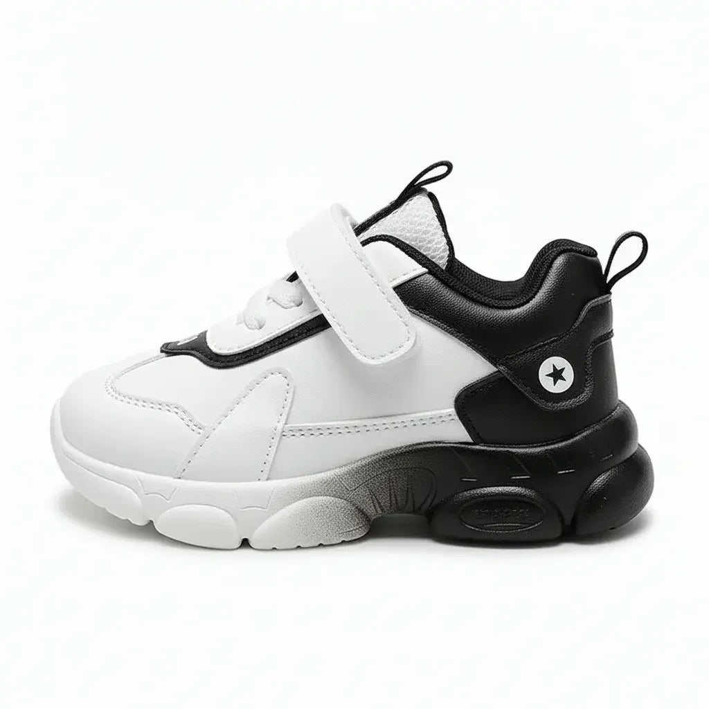 Kids white and black high-top sneakers with Velcro strap and star logo on heel