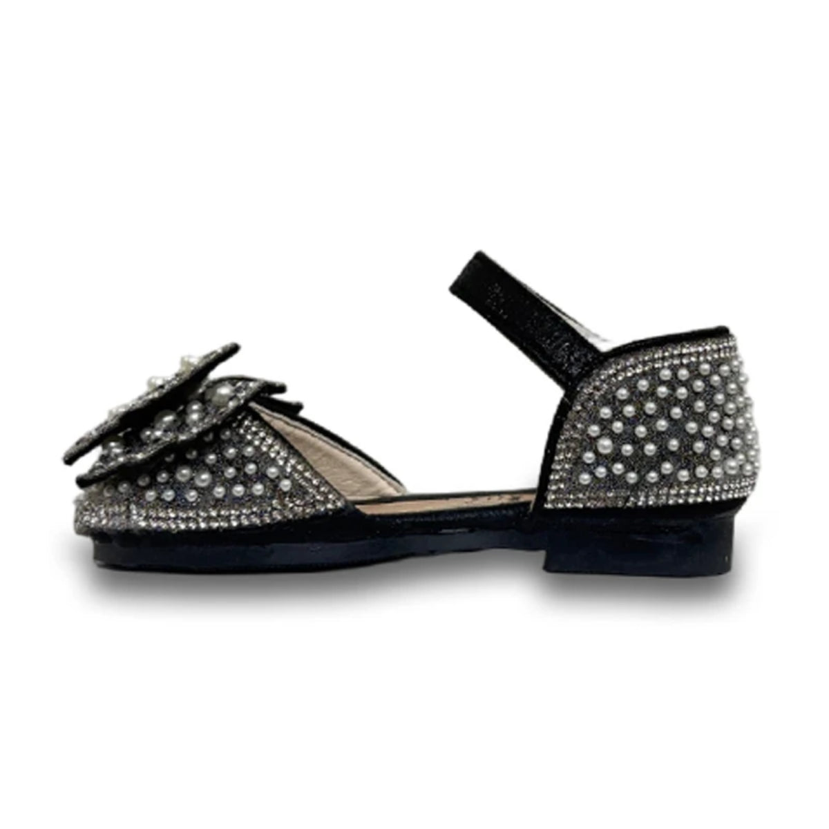 Black baby shoes with pearl and rhinestone embellishments, featuring a decorative bow and ankle strap