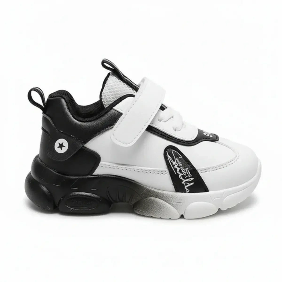 Kids high top white and black sneakers with Velcro strap and chunky sole