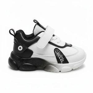 Kids high top white and black sneakers with Velcro strap and chunky sole