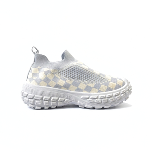 Grey and beige checker knit kids slip-on sneaker with white chunky textured sole