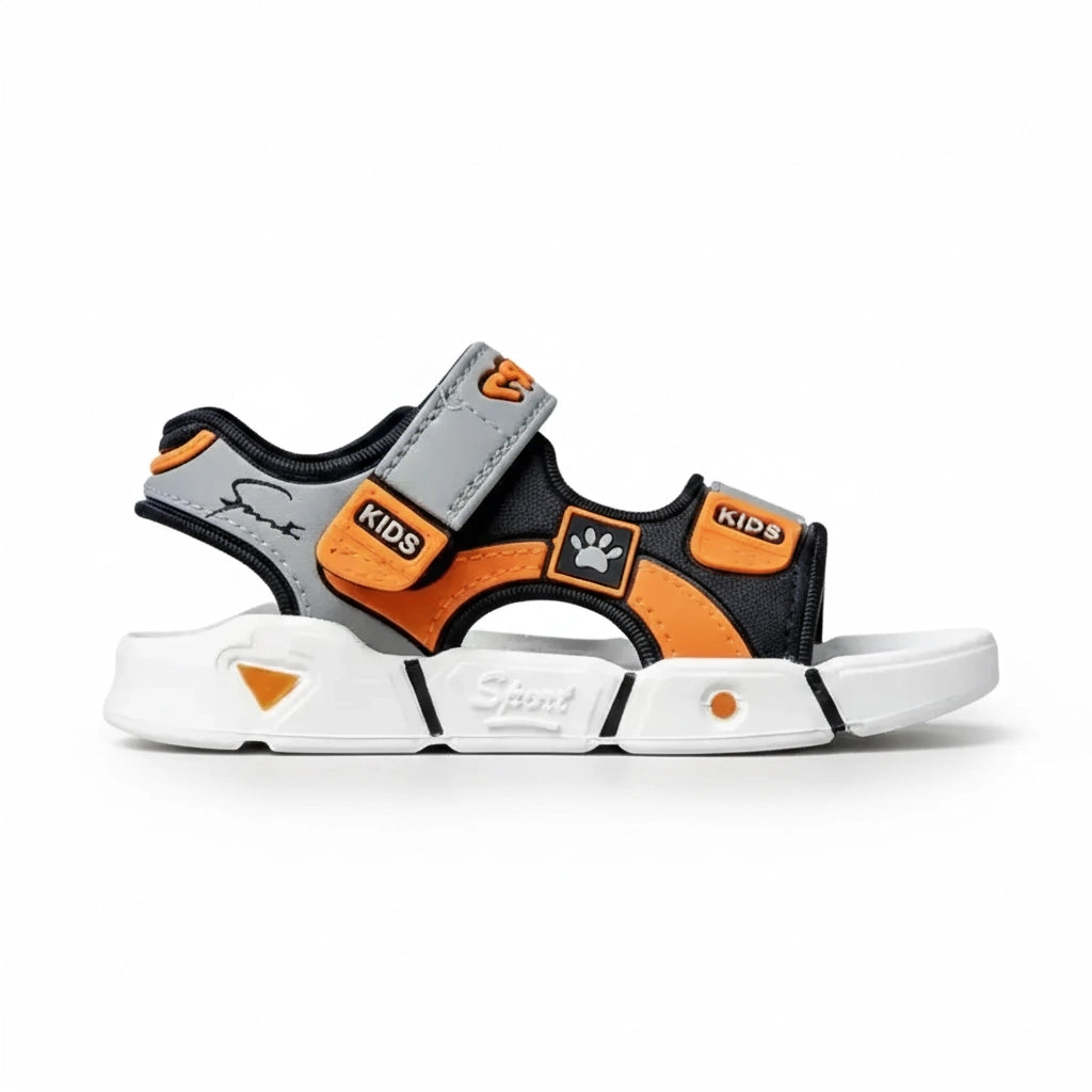Kids sport sandal with black, grey, and orange straps and white sole featuring paw print and 'KIDS' labels