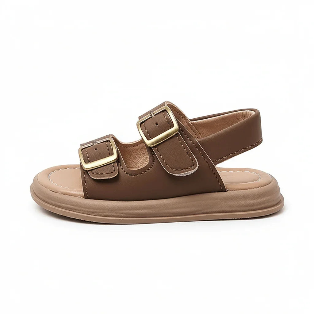 Brown adjustable buckle kids sandal with cushioned sole on white background