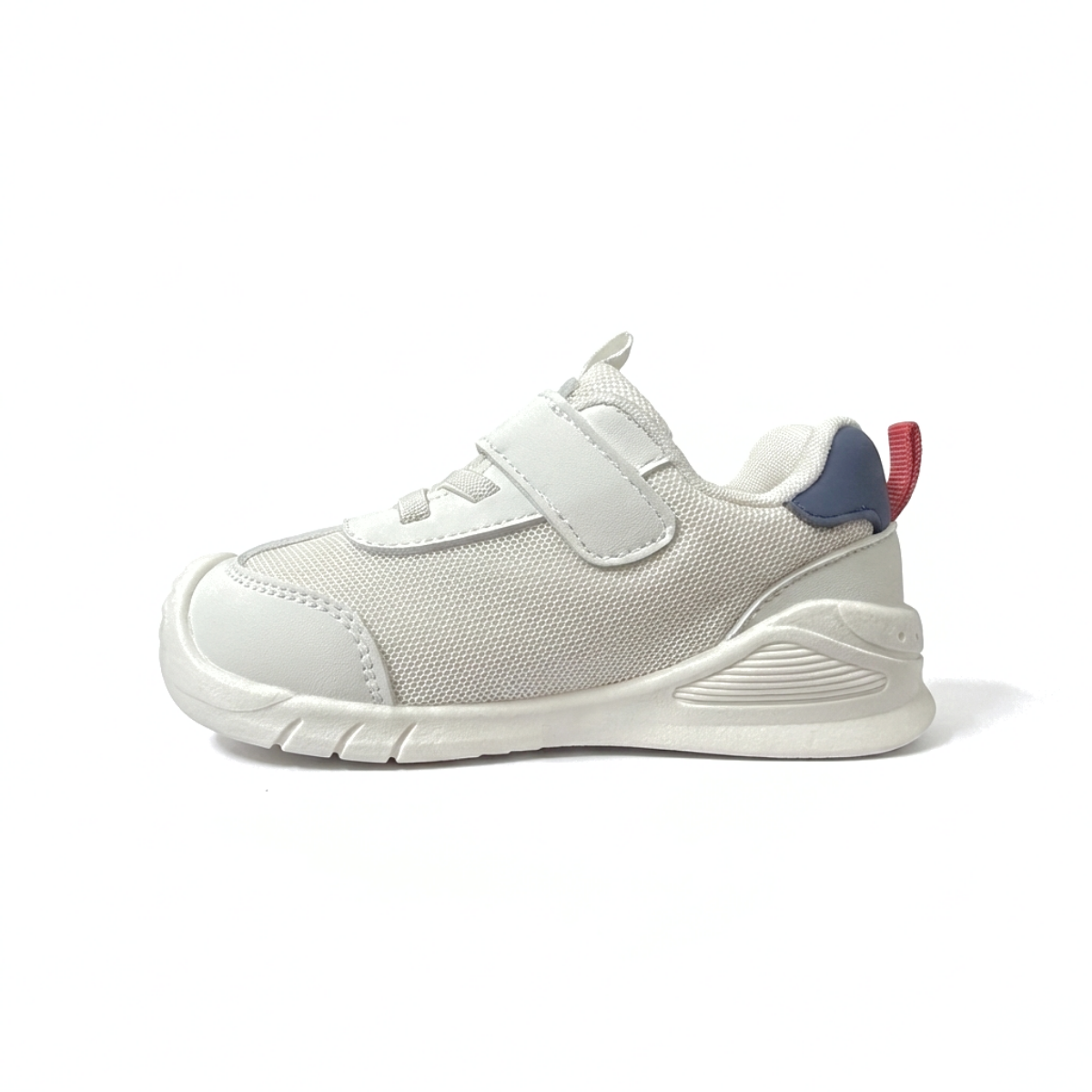White sneaker with a red and blue accent on a white background