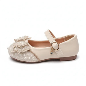 Elegant cream girls' party shoe with pearl and crystal bow, Mary Jane style flat