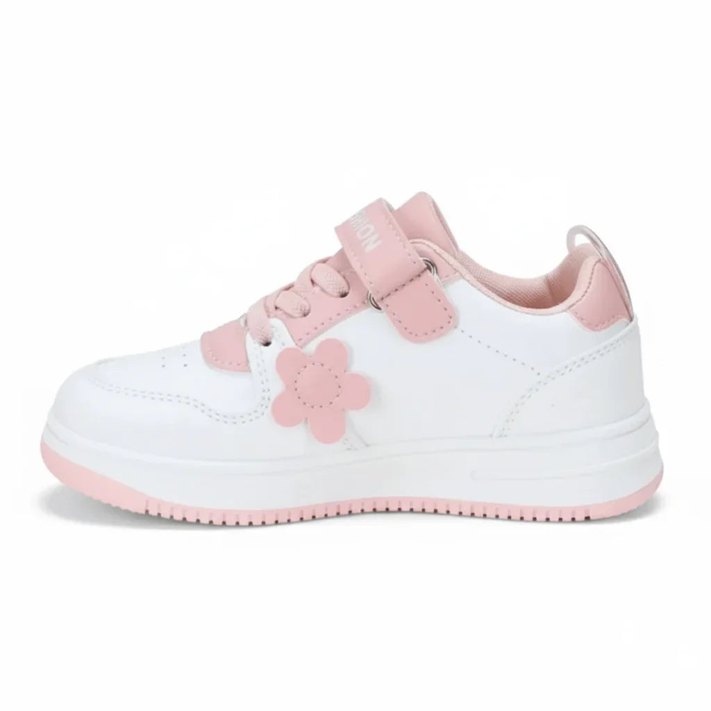 White and pink baby sneaker with flower decoration and hook-and-loop strap