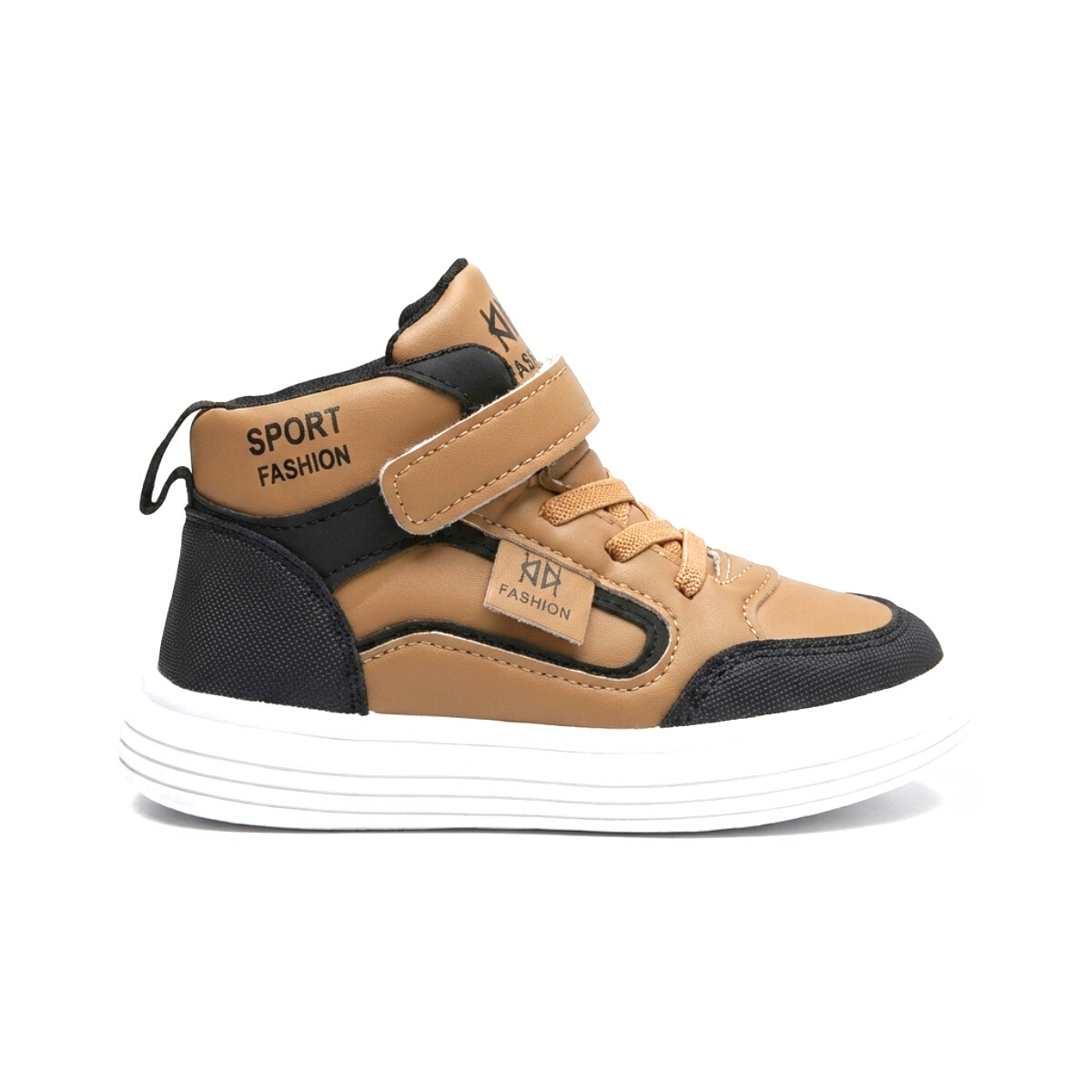 Tan and black kids mid-top sneaker with velcro strap and white sole, sport fashion design