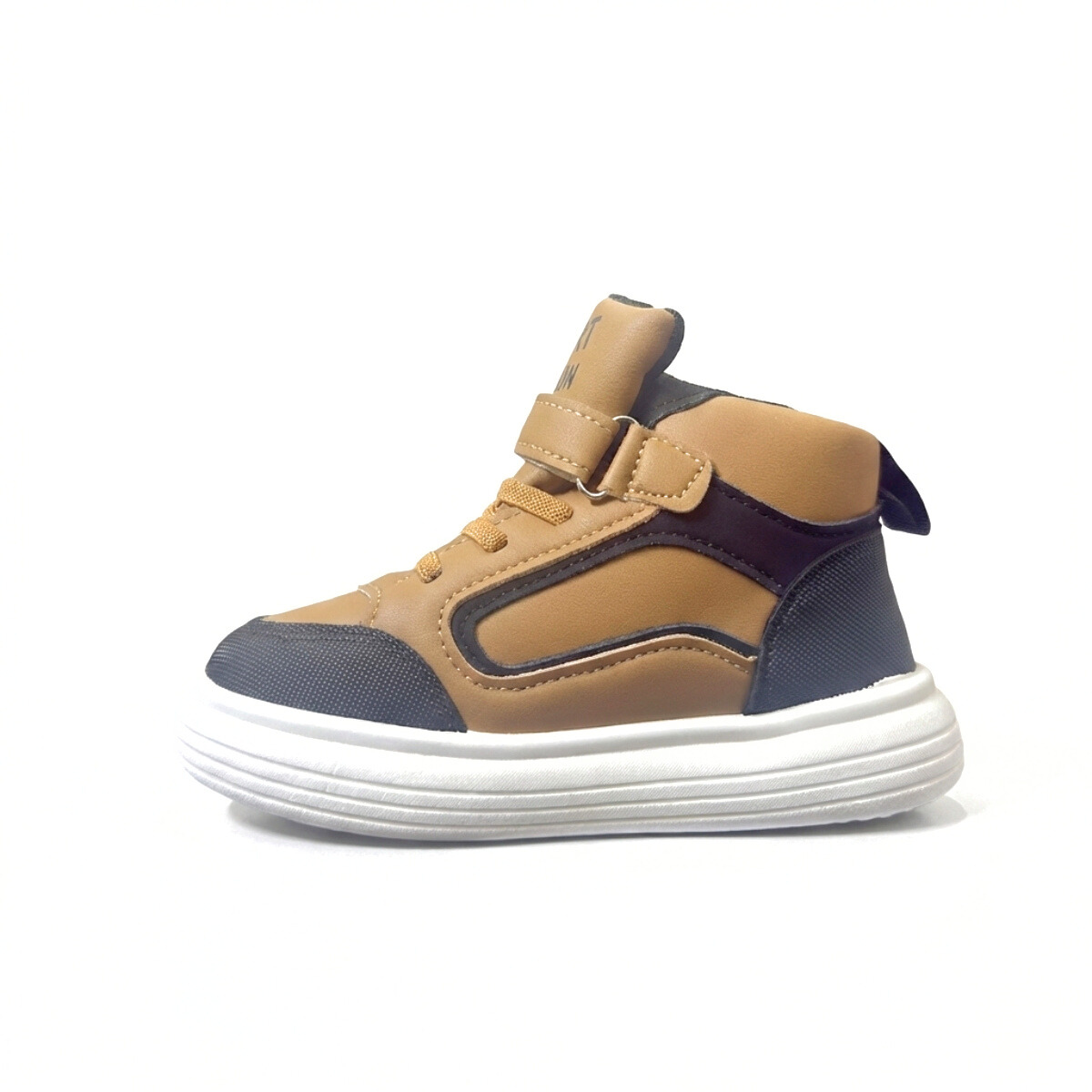 Tan and black kids mid-top sneaker with white sole on white background