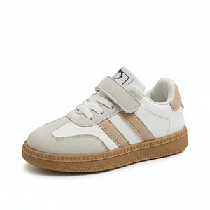 Classic brown and white kids sneakers with Velcro strap and rubber sole