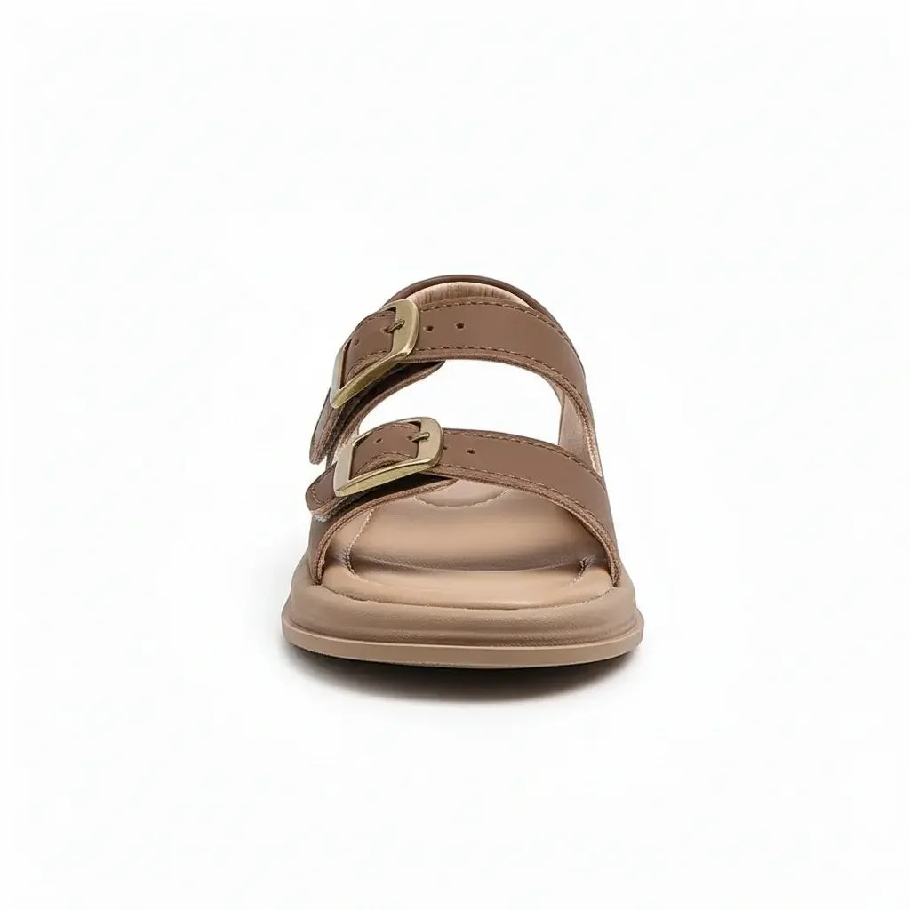 Brown leather sandal with two gold buckles on cushioned sole, front view on white background