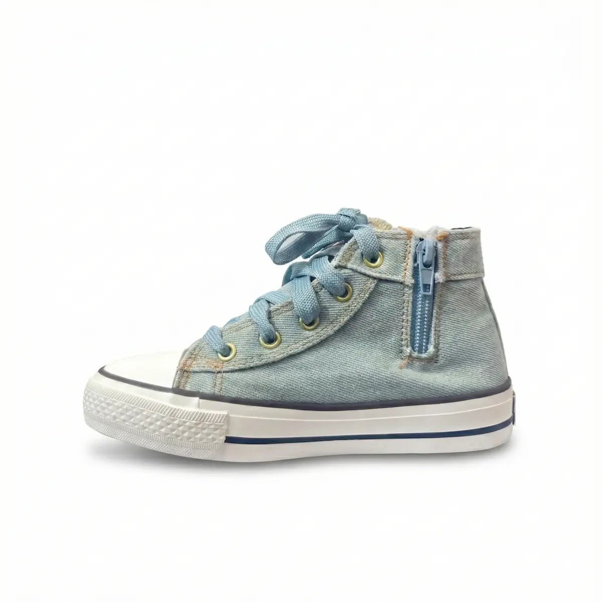 Side view of light blue denim high-top kids sneaker with blue laces and zipper detail