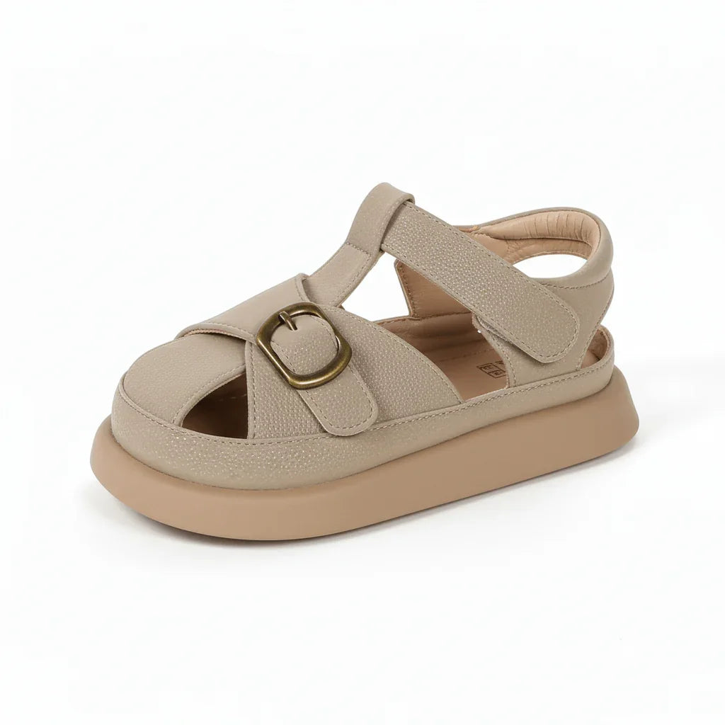 Beige premium baby sandals with buckle and velcro strap on cushioned sole