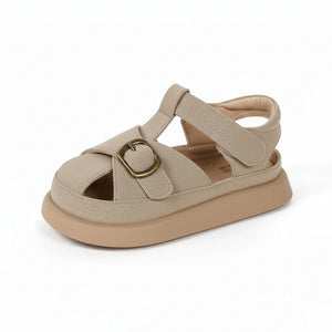 Beige premium baby sandals with buckle and velcro strap on cushioned sole