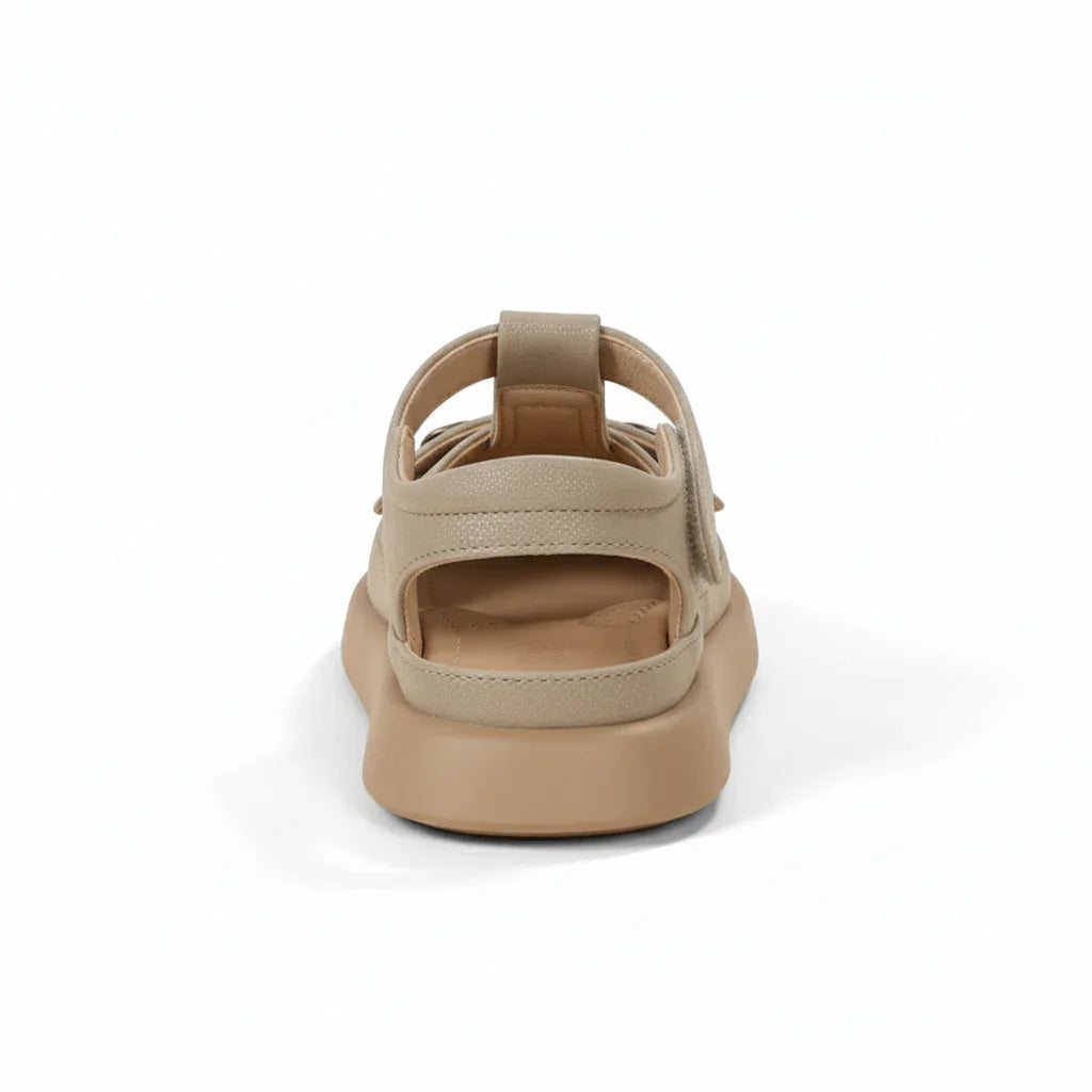 Rear view of premium beige baby sandal with buckle and cushioned sole