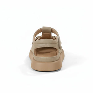 Rear view of premium beige baby sandal with buckle and cushioned sole
