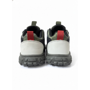 Rear view of rugged kids sneakers with grey soles, white heel panels, and red pull tabs on white background
