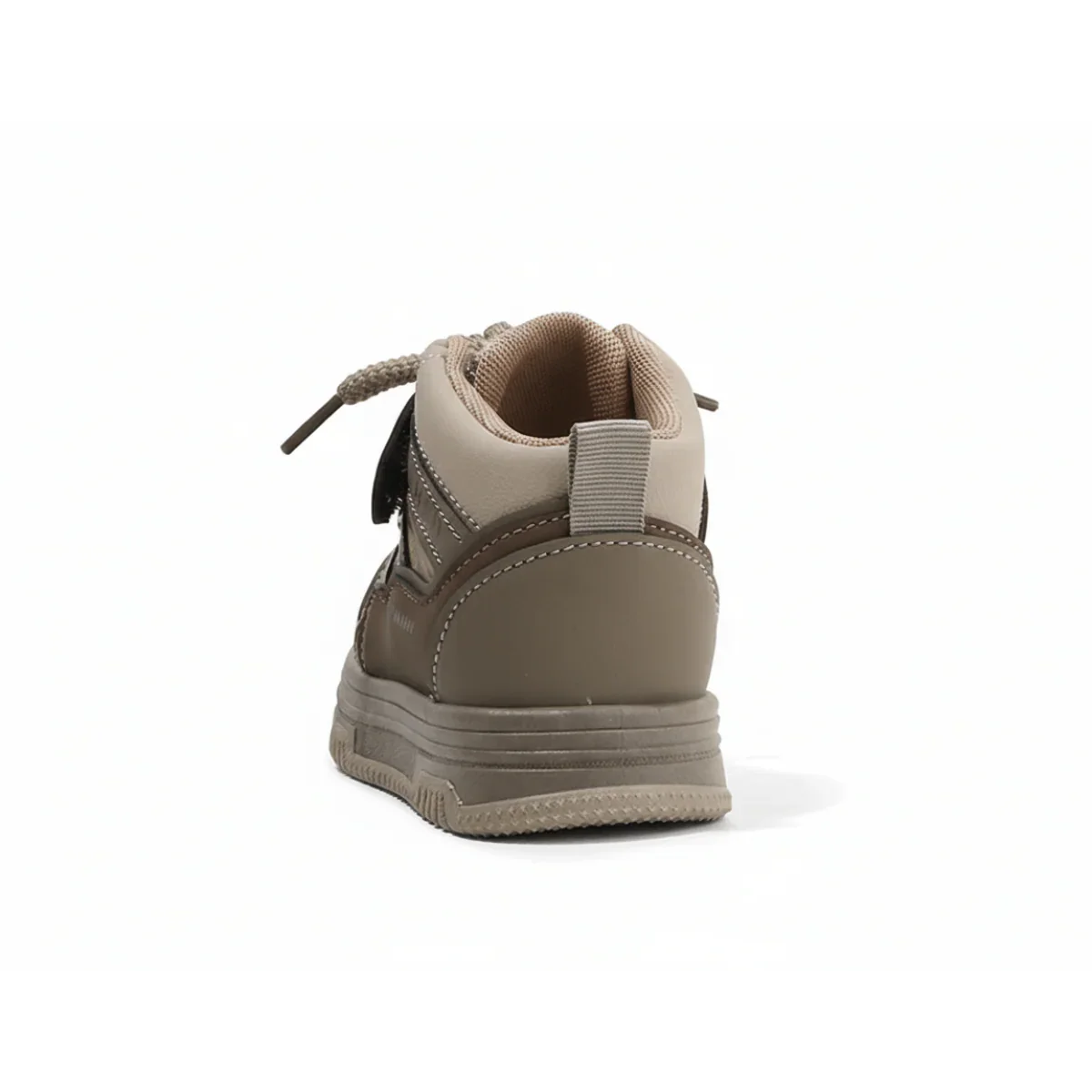 Brown high-top kids sneaker with beige padded collar and sturdy sole on white background