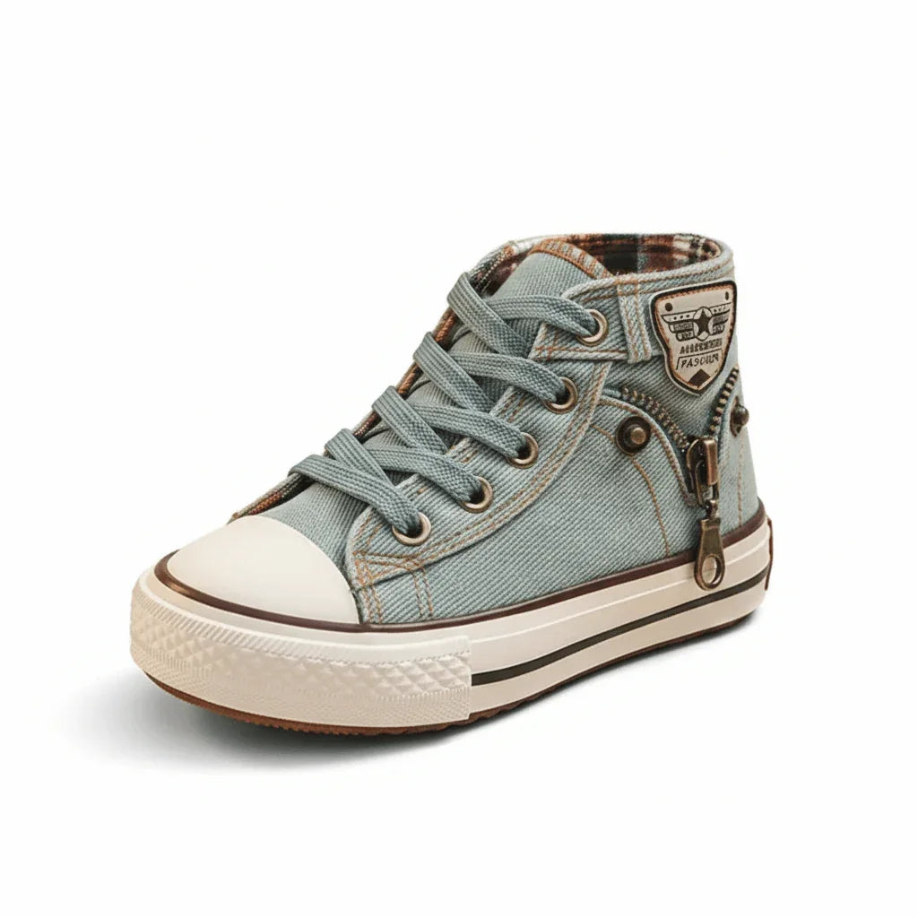Denim high-top kids sneaker with zipper detail, lace-up front, and rubber sole