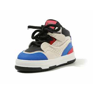 Tricolor high-top baby sneaker in blue, red, black, and white with black laces on white background
