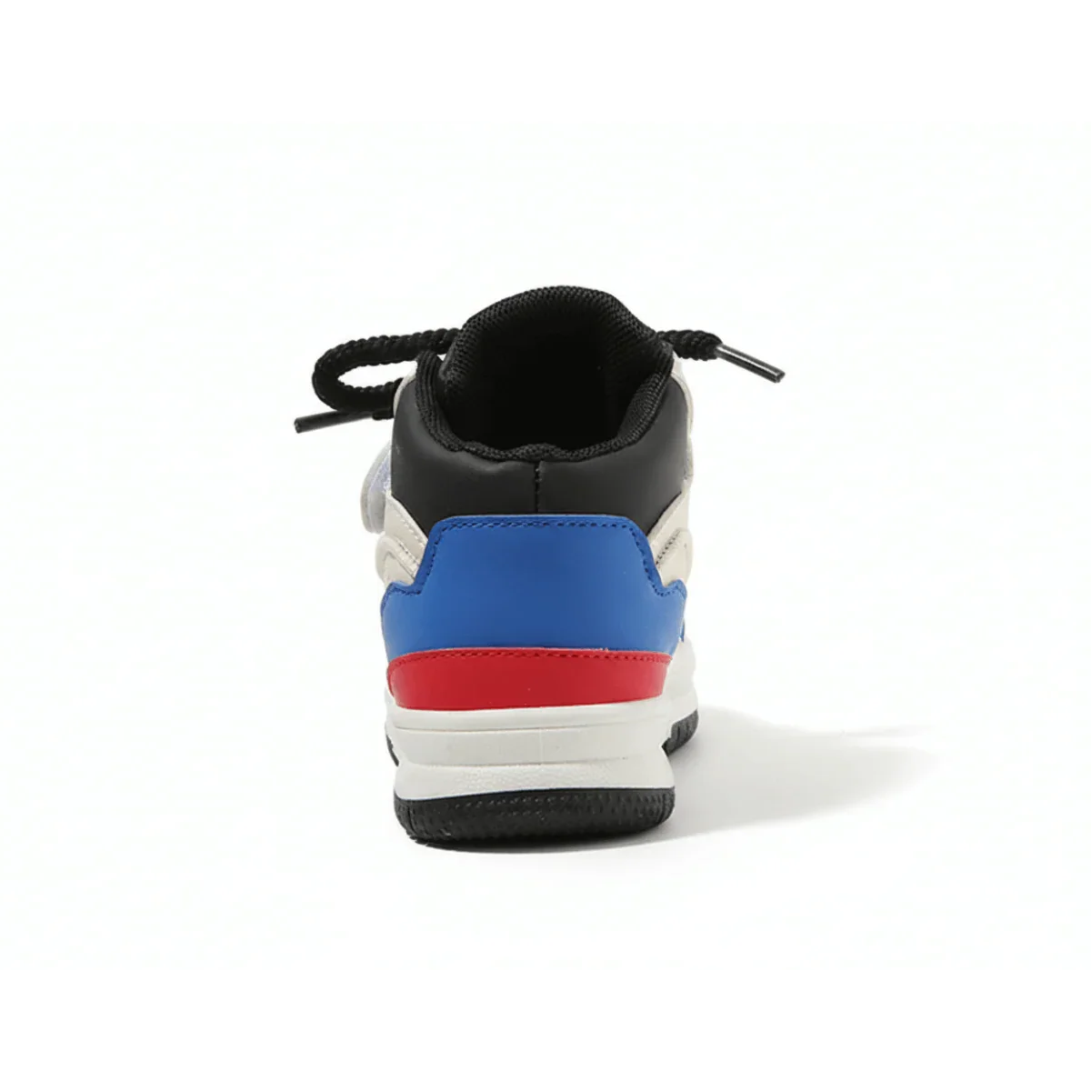 Back view of a tricolor high-top baby sneaker with black, blue, red, and white details