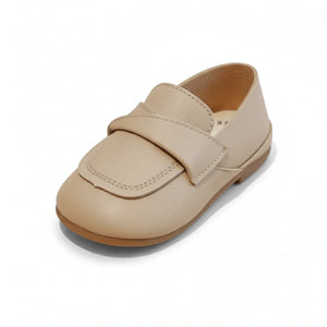 Classic brown leather baby loafer shoe with stitched strap and rubber sole