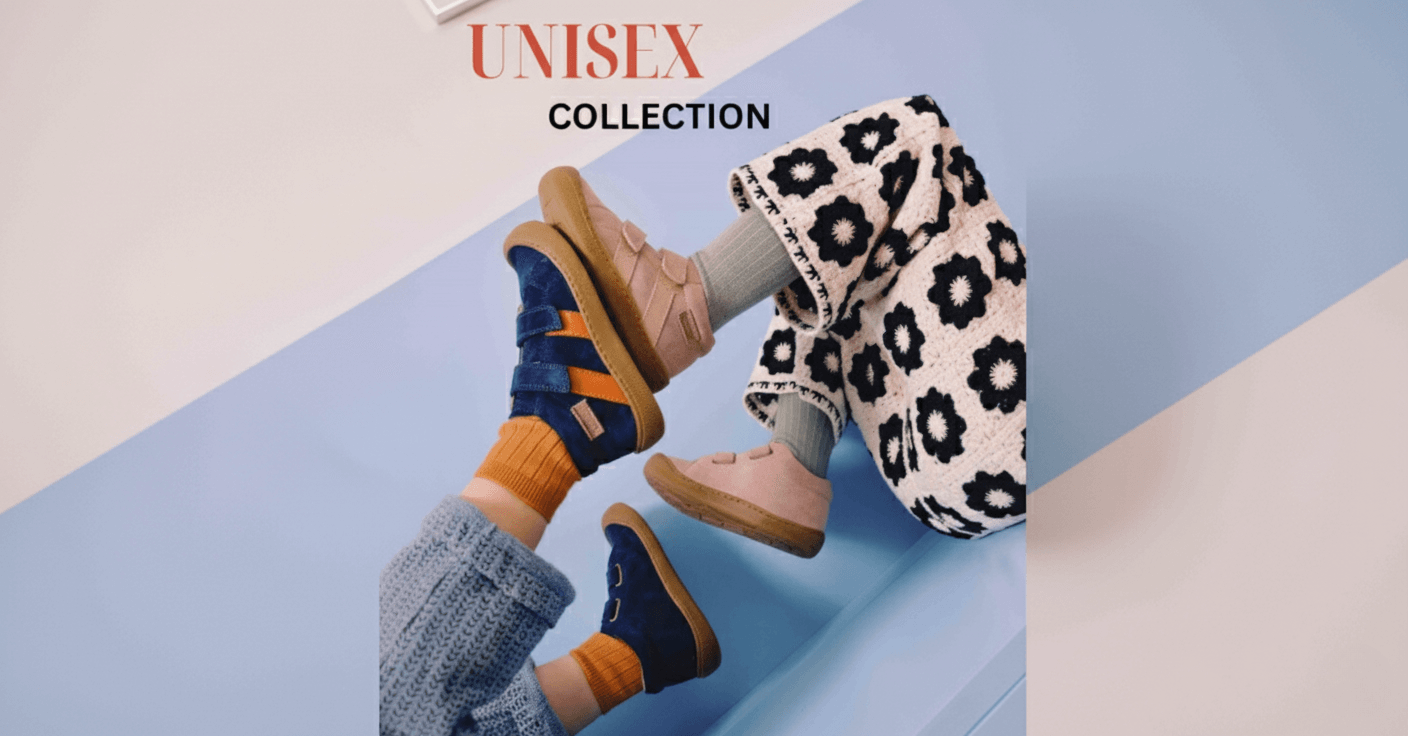 Unisex collection featuring person in black flower-patterned pants with pink shoes and person in blue jeans with navy blue and orange shoes